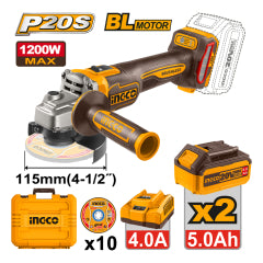 ESMERIL ANGULAR INGCO INALAMBRICO 20V  C/ 2 BAT. Y C/1 CARGADOR 115MM # CAGLI2211532 (C)
