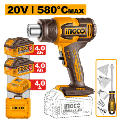 PISTOLA DE CALOR INGCO INALAMBRICA 20V C/ 2 BATERÍAS 4.0AH + 1 CARGADOR # HGLI20085