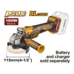 ESMERIL ANGULAR INGCO INALAM. 20V SIN BATERIA Y SIN CARGADOR # CAGLI27153 (C)