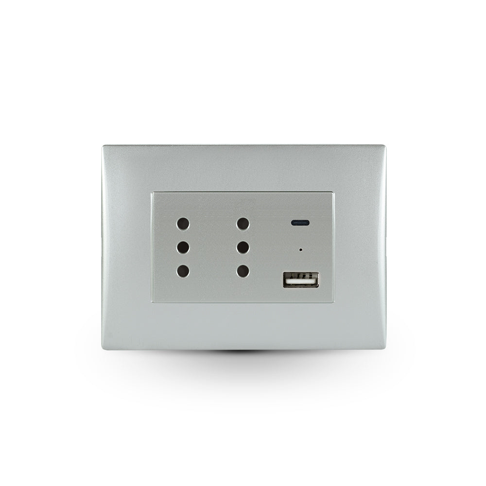 TOMA CORRIENTE ANDES DUPLEX 10A + 2 USB SILVER ARMADA