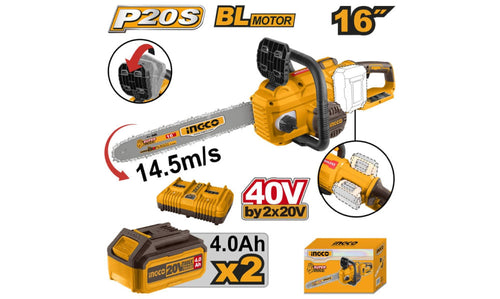 MOTOSIERRA INGCO INALAMBRICA 20V C/2 BAT. Y C/CARGADOR DOBLE. BARRA 16" #CGSLI401682