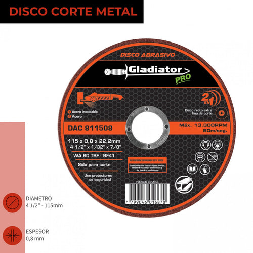 DISCO CORTE 4 1/2" X 0.8mm METAL/INOX DAC 811508