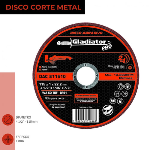 DISCO CORTE 4 1/2" X 1.0mm METAL/INOX DAC 811510