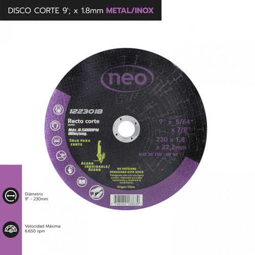 DISCO CORTE 9" x 1.8mm METAL/INOX 1223018