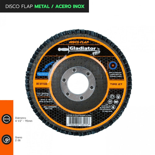 DISCO FLAP 4 1/2" METAL / ACERO INOX GR36 811536