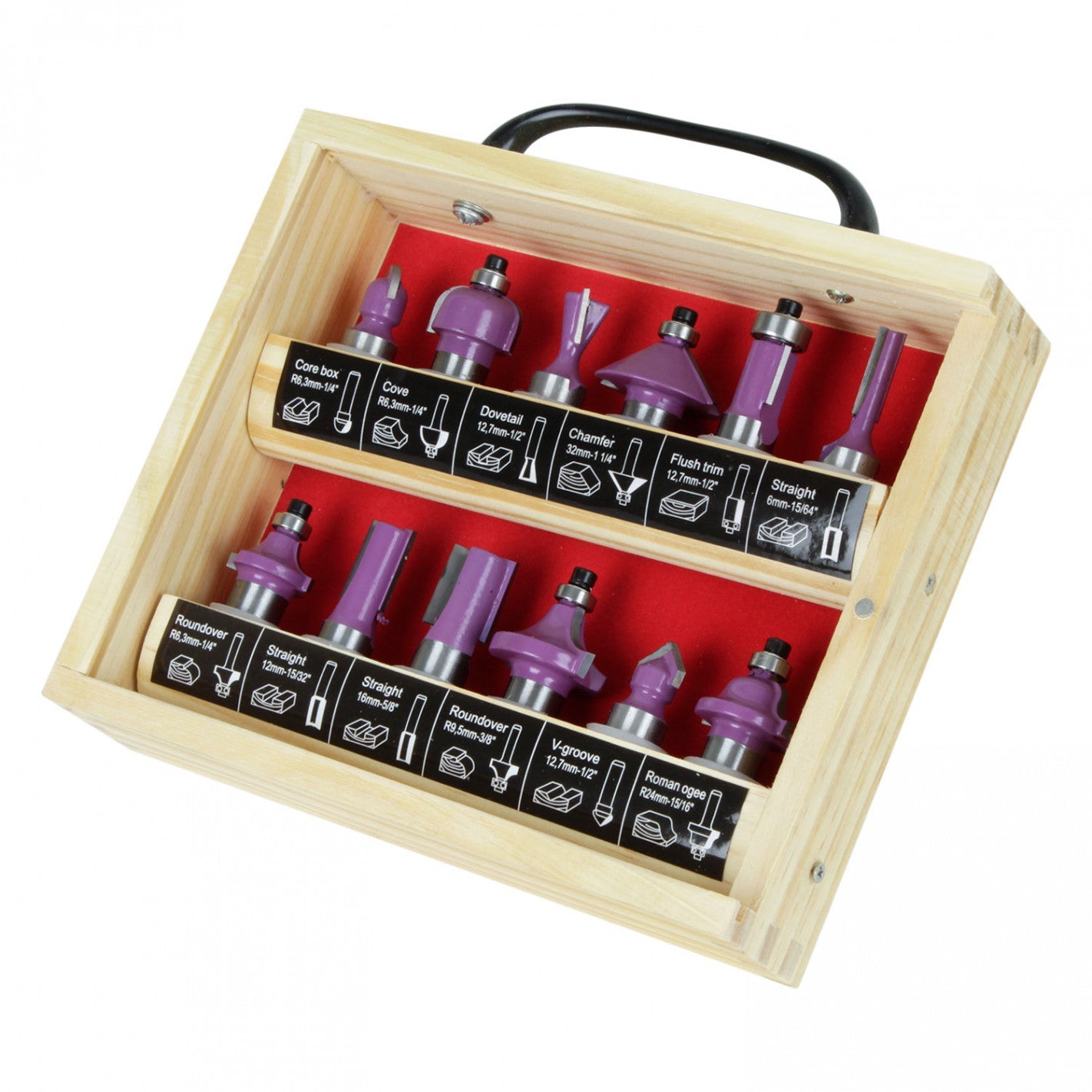JUEGO 12 FRESAS EJE 1/2" Caja de madera